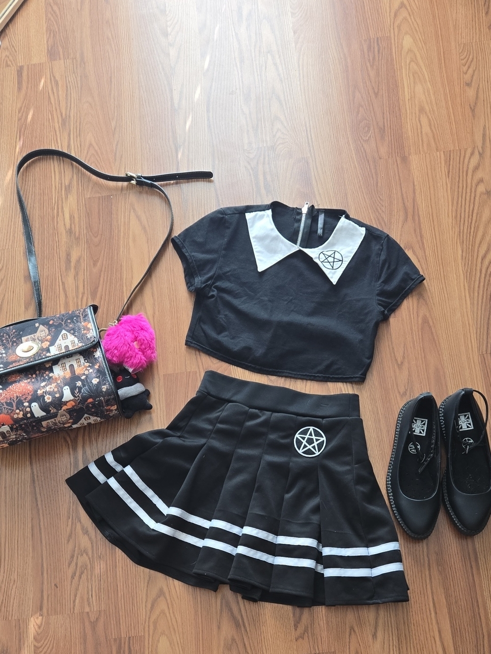 Black Pleated Skirt with White Trim & Matching Crop Top